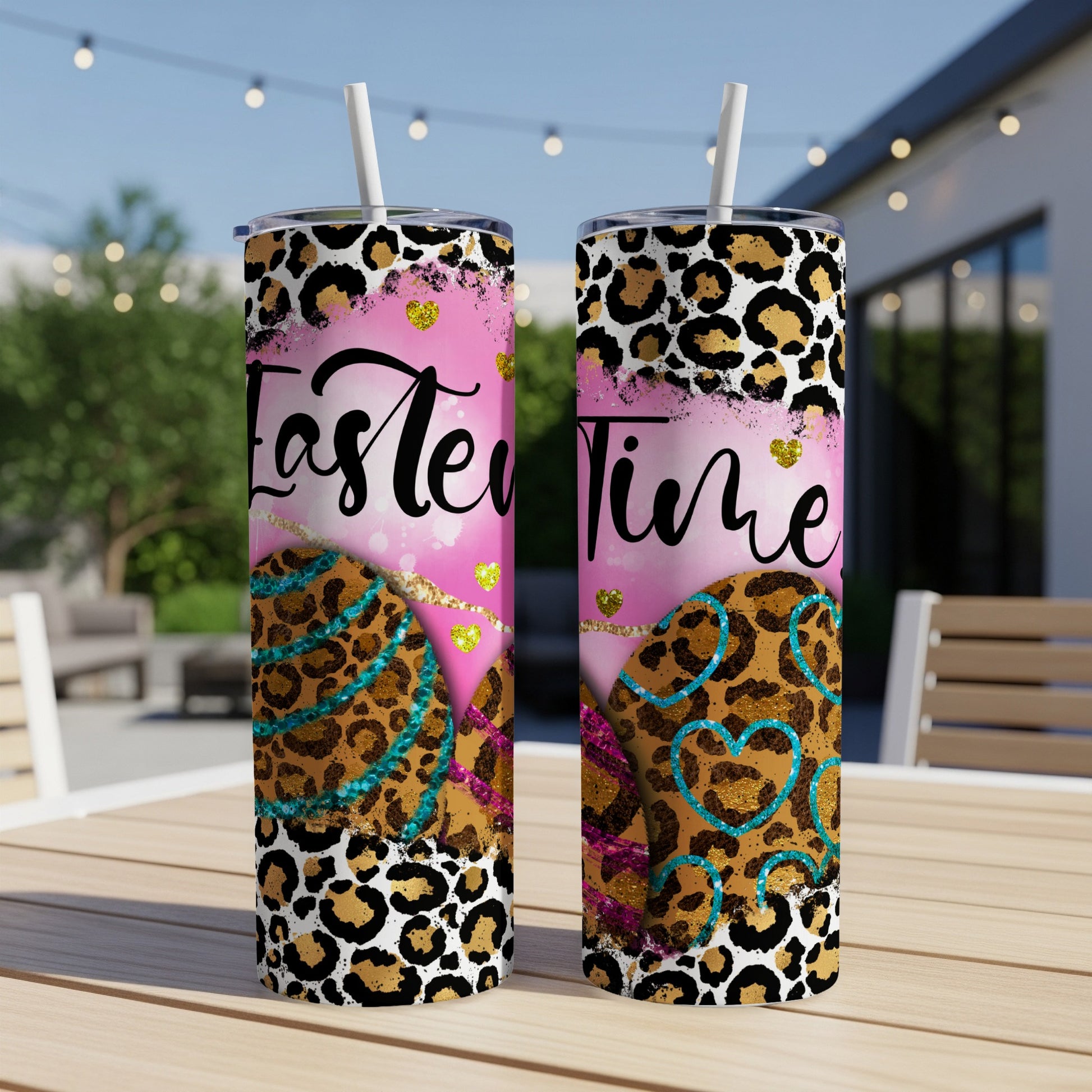 Easter Time tumbler with leopard print, hearts, and glitter accents.