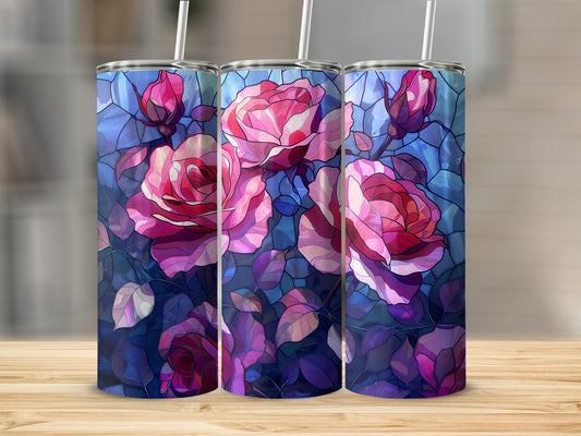 Three tumblers with a stained-glass rose design.