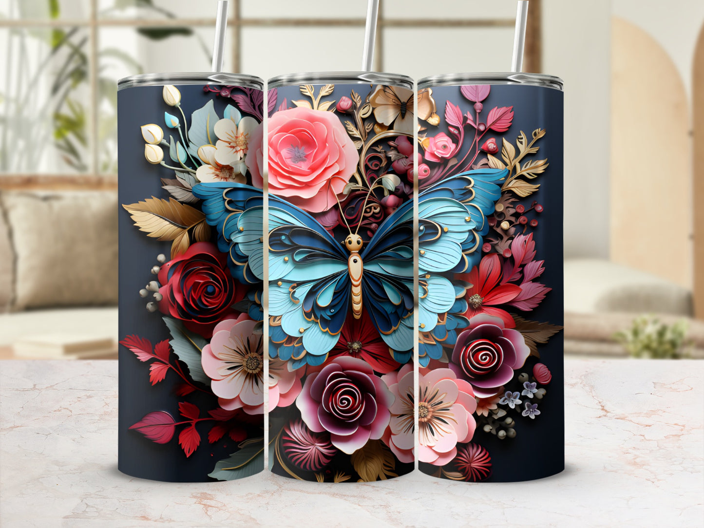 Triptych of tumblers featuring a blue butterfly and colorful floral designs.