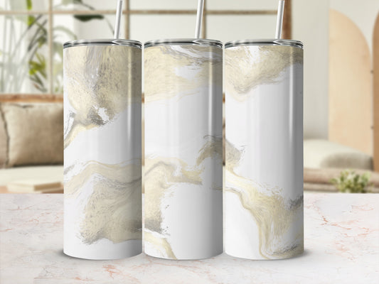 Three tall tumblers with a white and gold marble design.