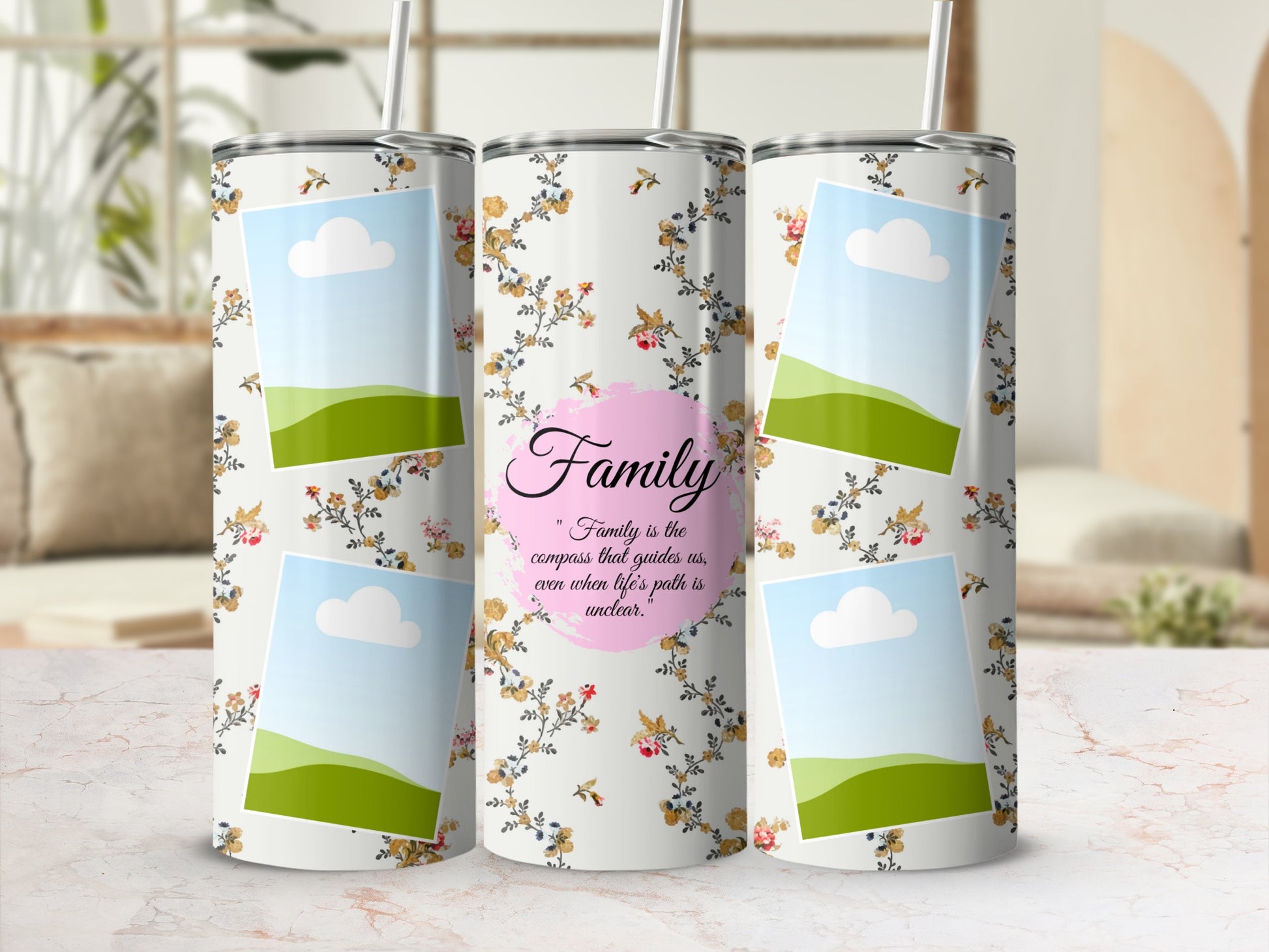 Floral pattern tumbler with photo frames and the text "Family" and a quote.