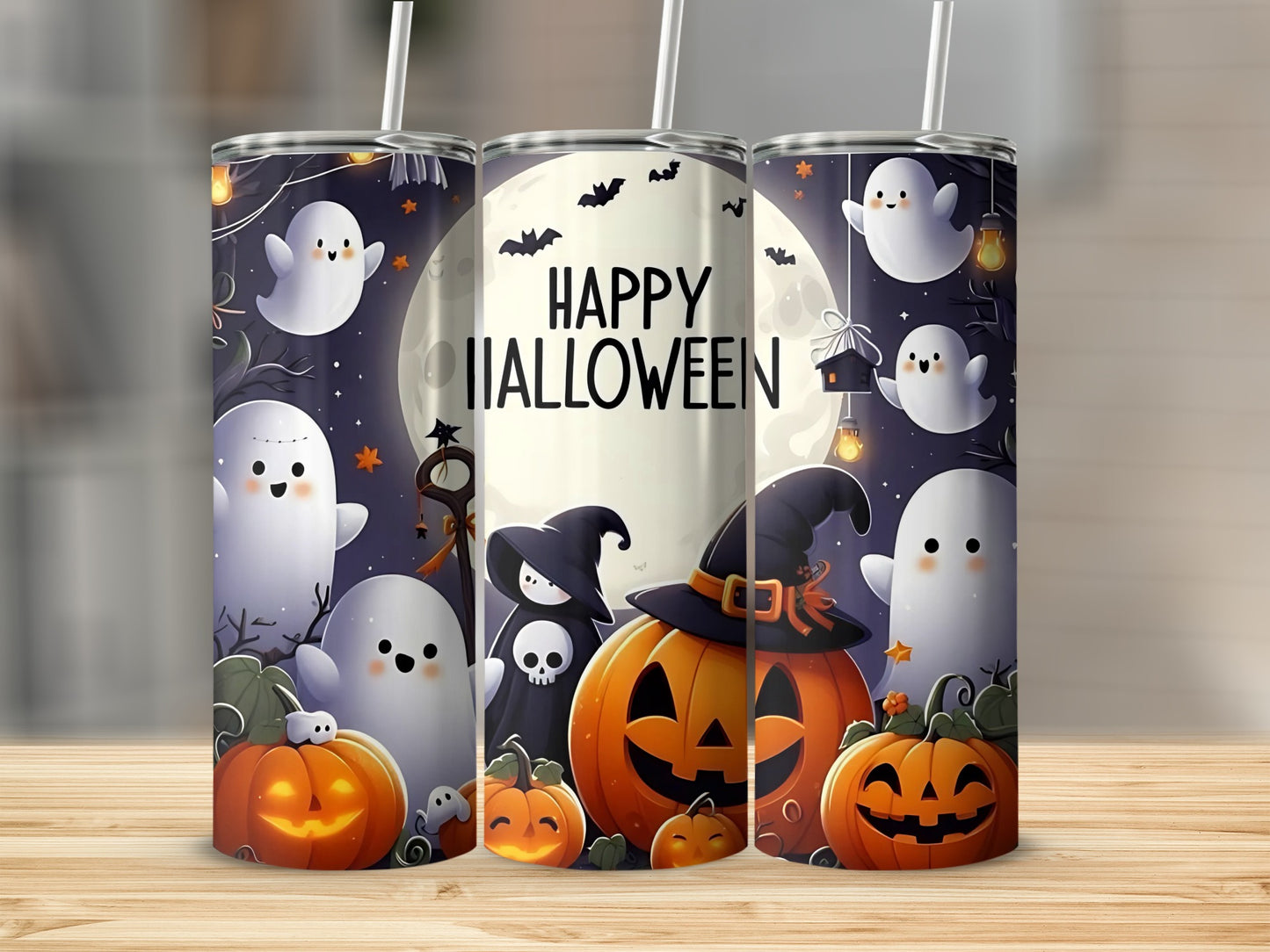 Happy Halloween tumblers with ghosts, pumpkins, and bats on a moonlit night.