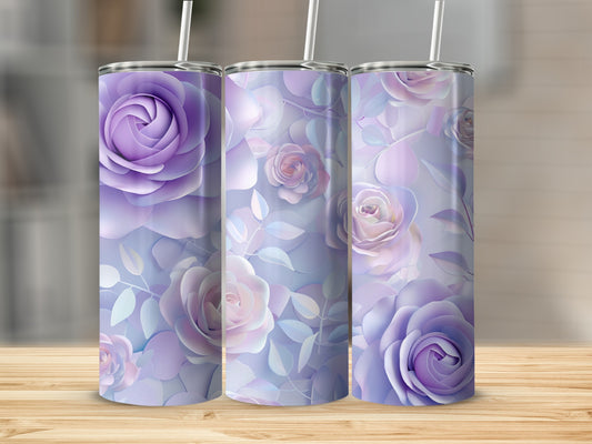 Three purple and pink rose patterned tumblers on a wooden surface.