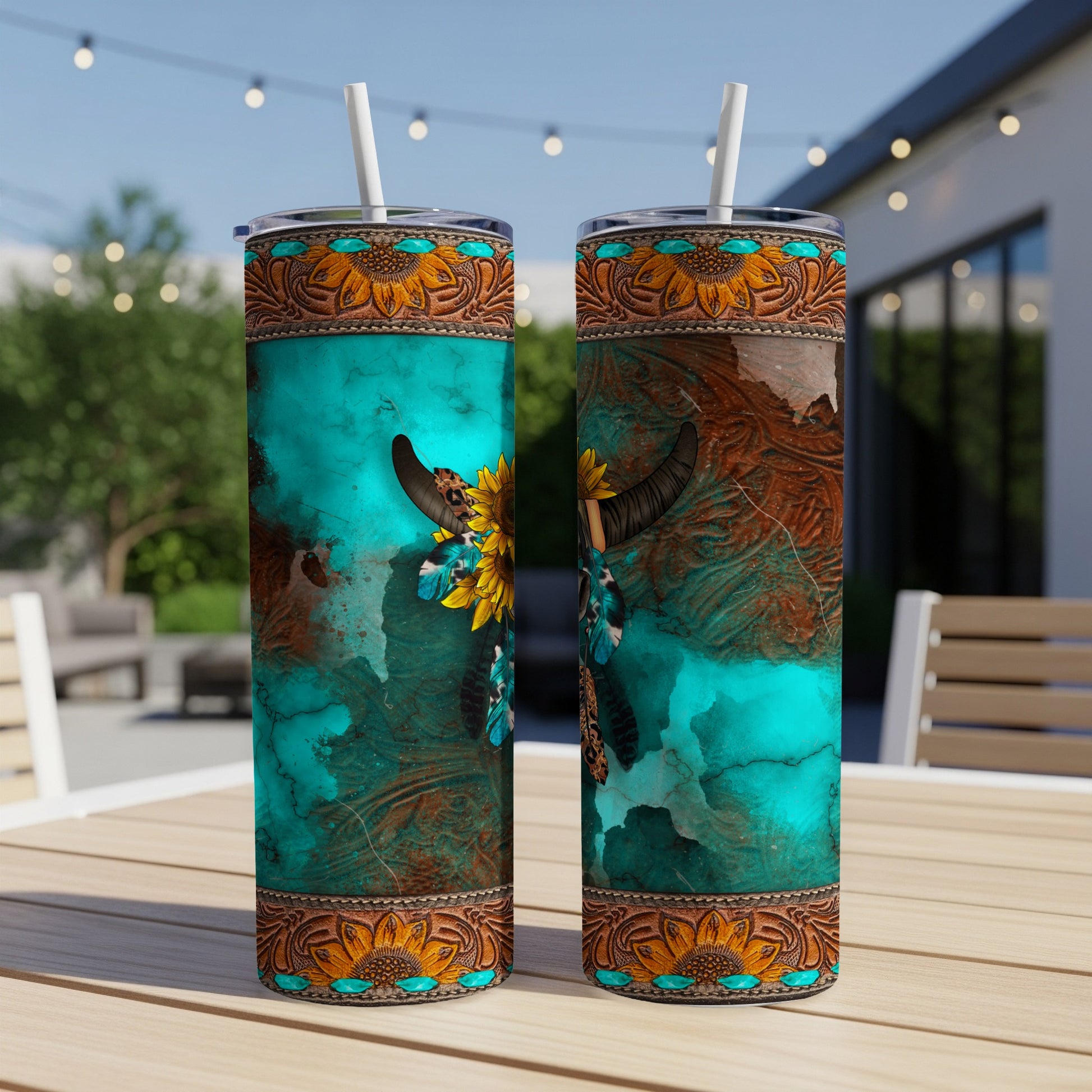 Turquoise tumbler with steer skull and sunflower western design.