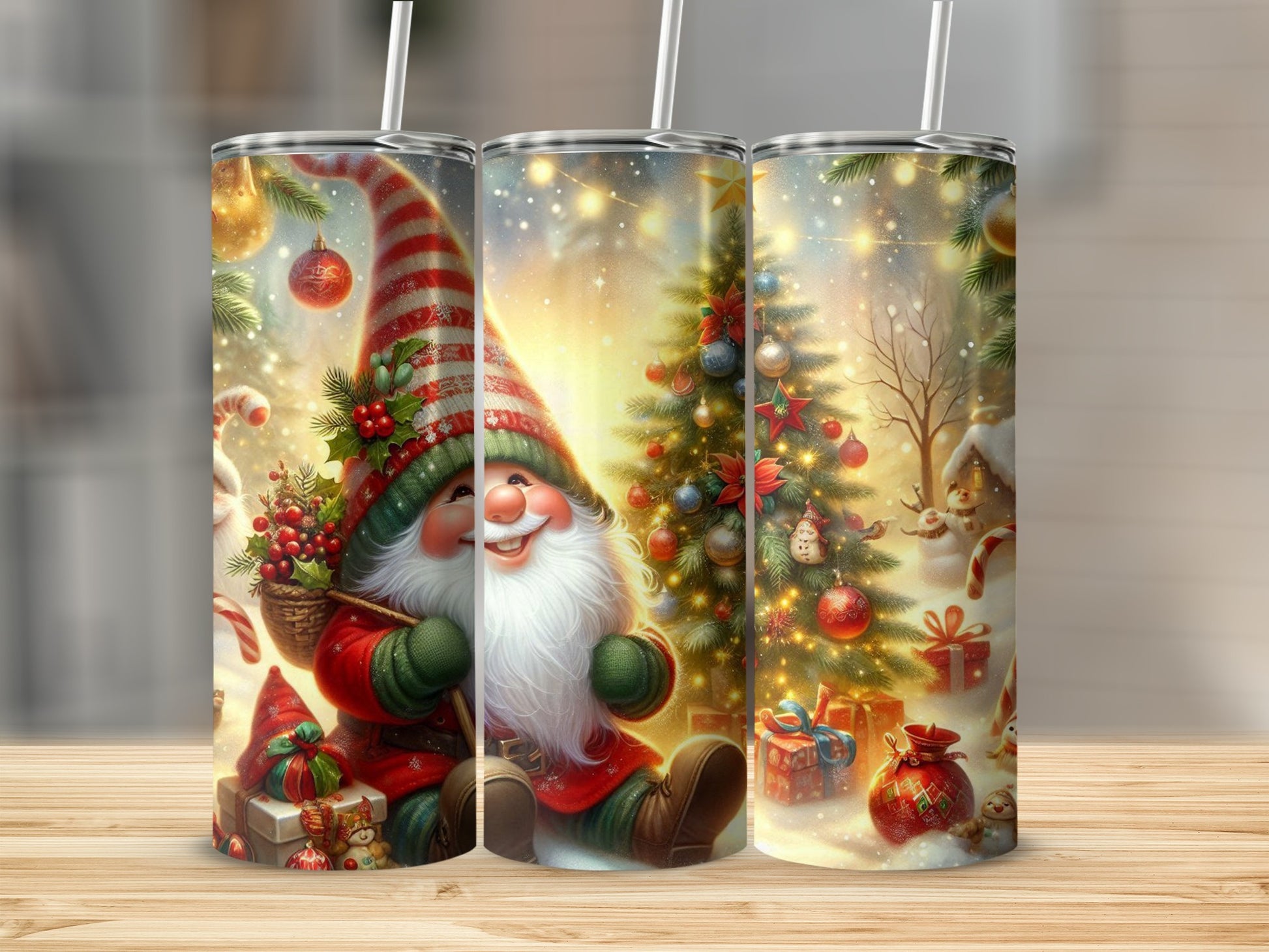 Christmas gnome with gifts and decorated tree on a festive tumbler.
