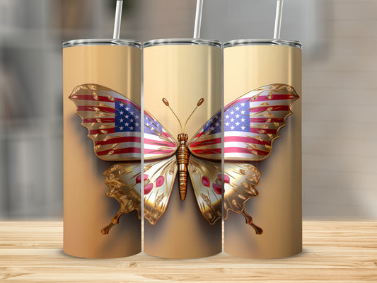 Butterfly tumbler with American flag wings on tan background.
