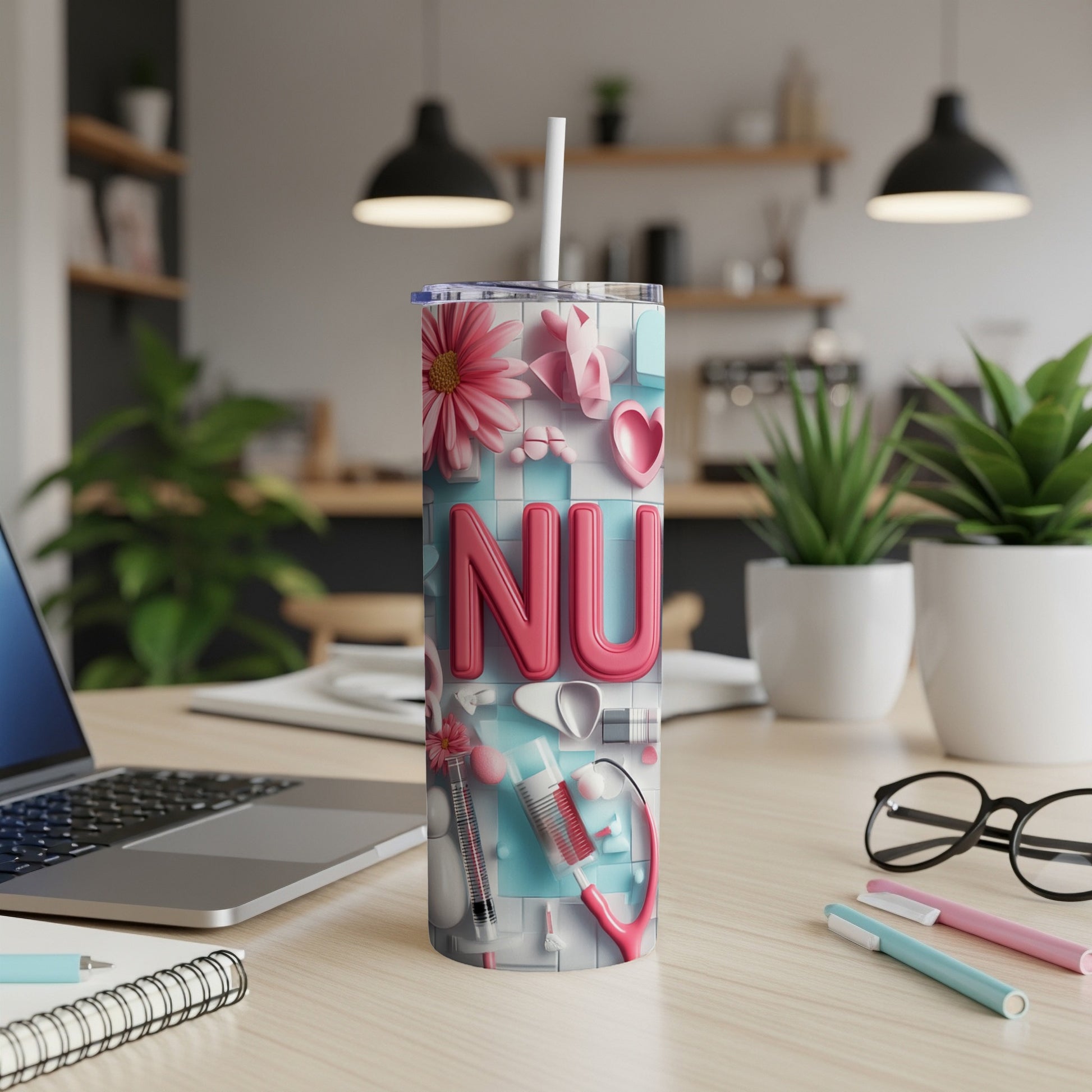 Pink and blue tumbler with "NU" design and medical icons.