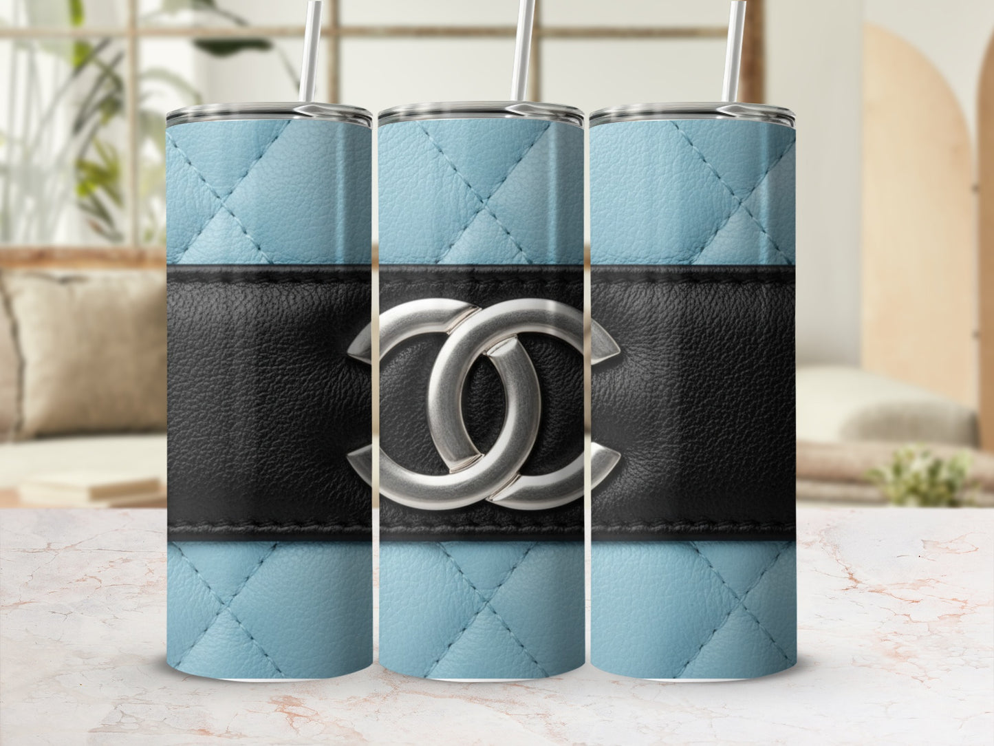 Light Blue Quilted Surface Black Band Silver Logo Tumblers