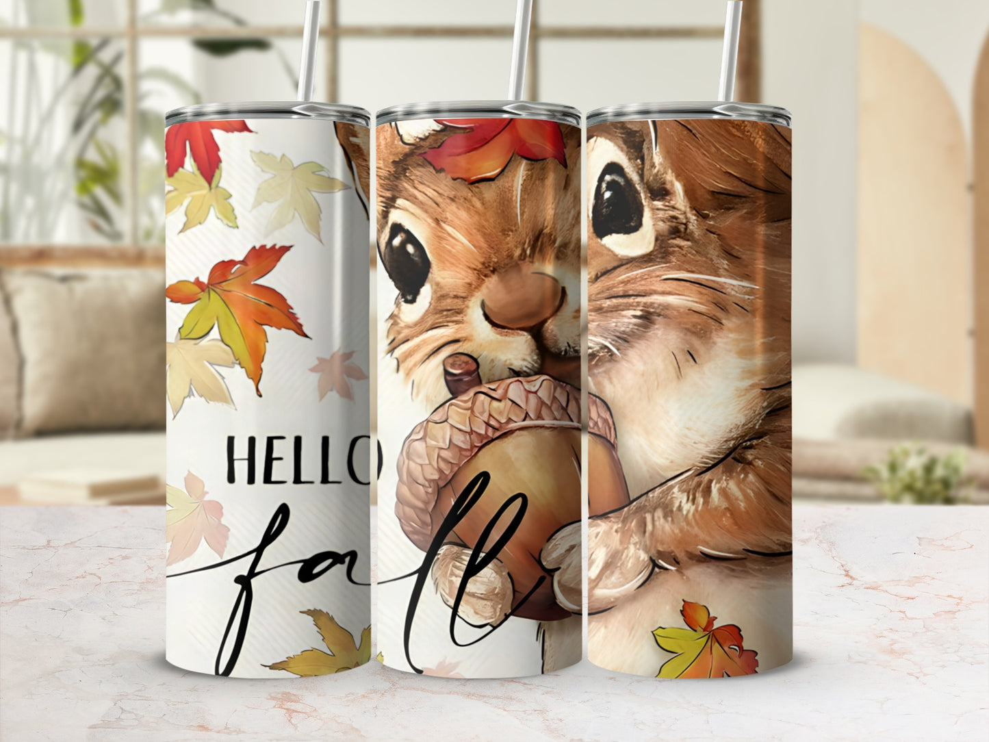 Squirrel holding acorn with "Hello Fall" text and autumn leaves.