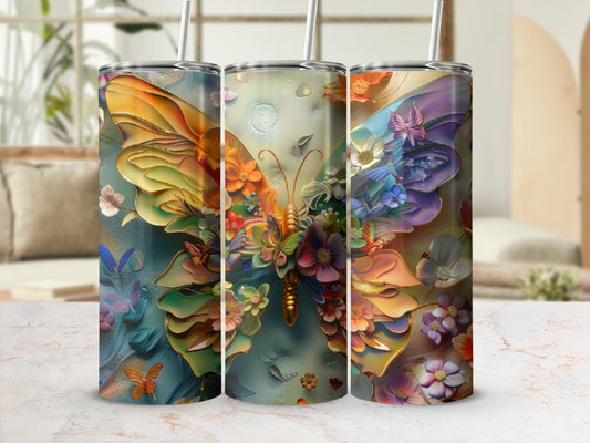 Triptych of tumblers featuring colorful butterfly and floral designs.