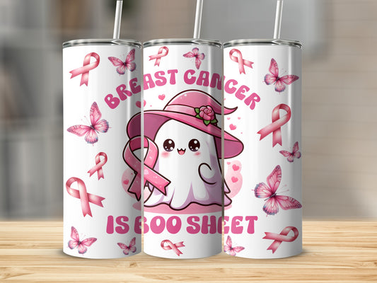 Pink ghost with a hat and breast cancer ribbons on a tumbler.