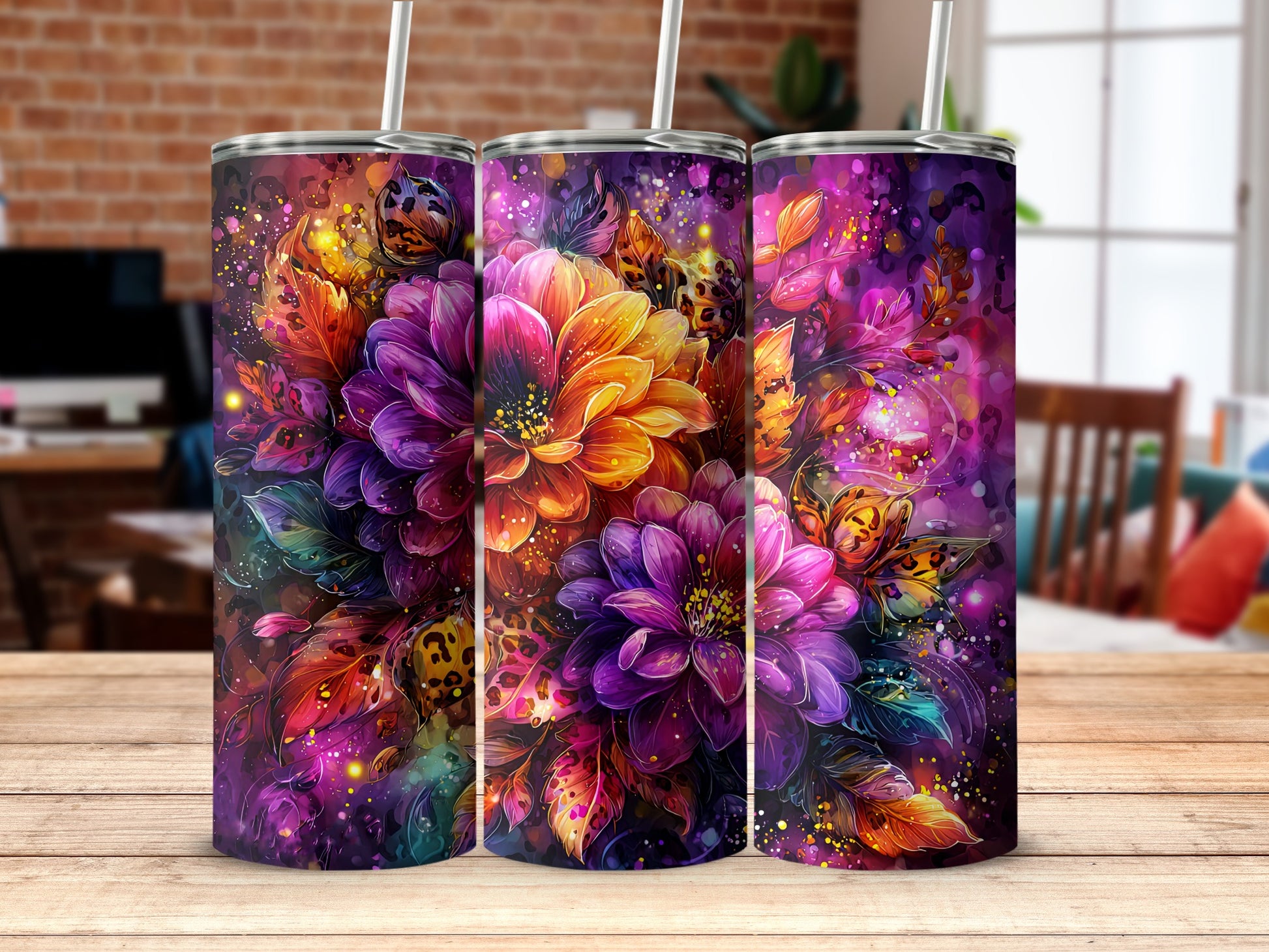 Colorful Floral Tumblers with Butterflies Design