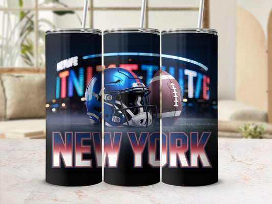 New York Giants helmet and football on a tumbler.