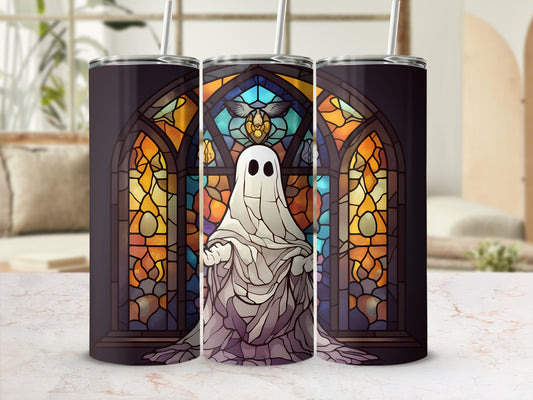 Ghost wearing a crown in front of stained glass window, tumbler design.