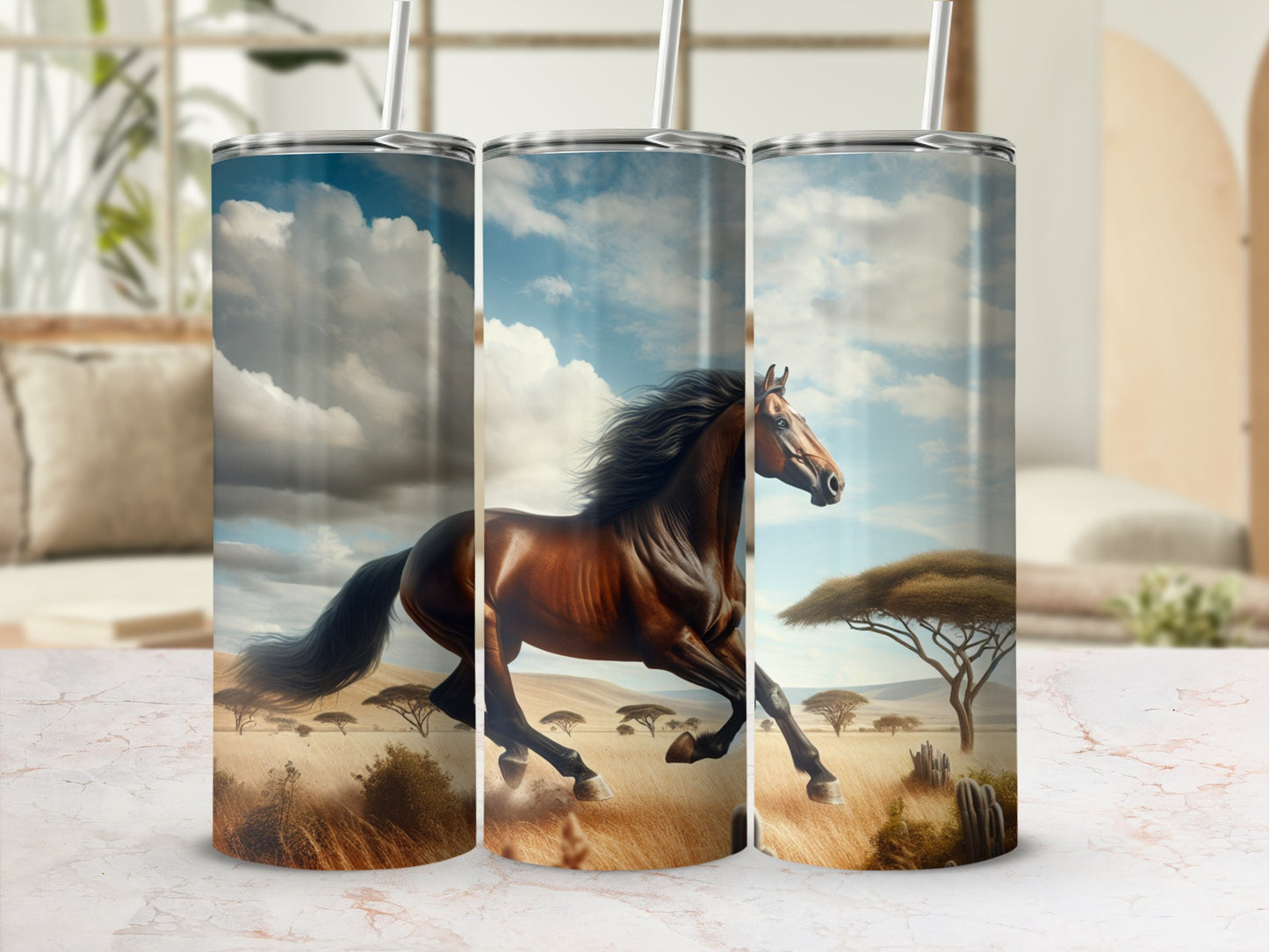 Brown horse galloping through a dry landscape with trees and clouds.