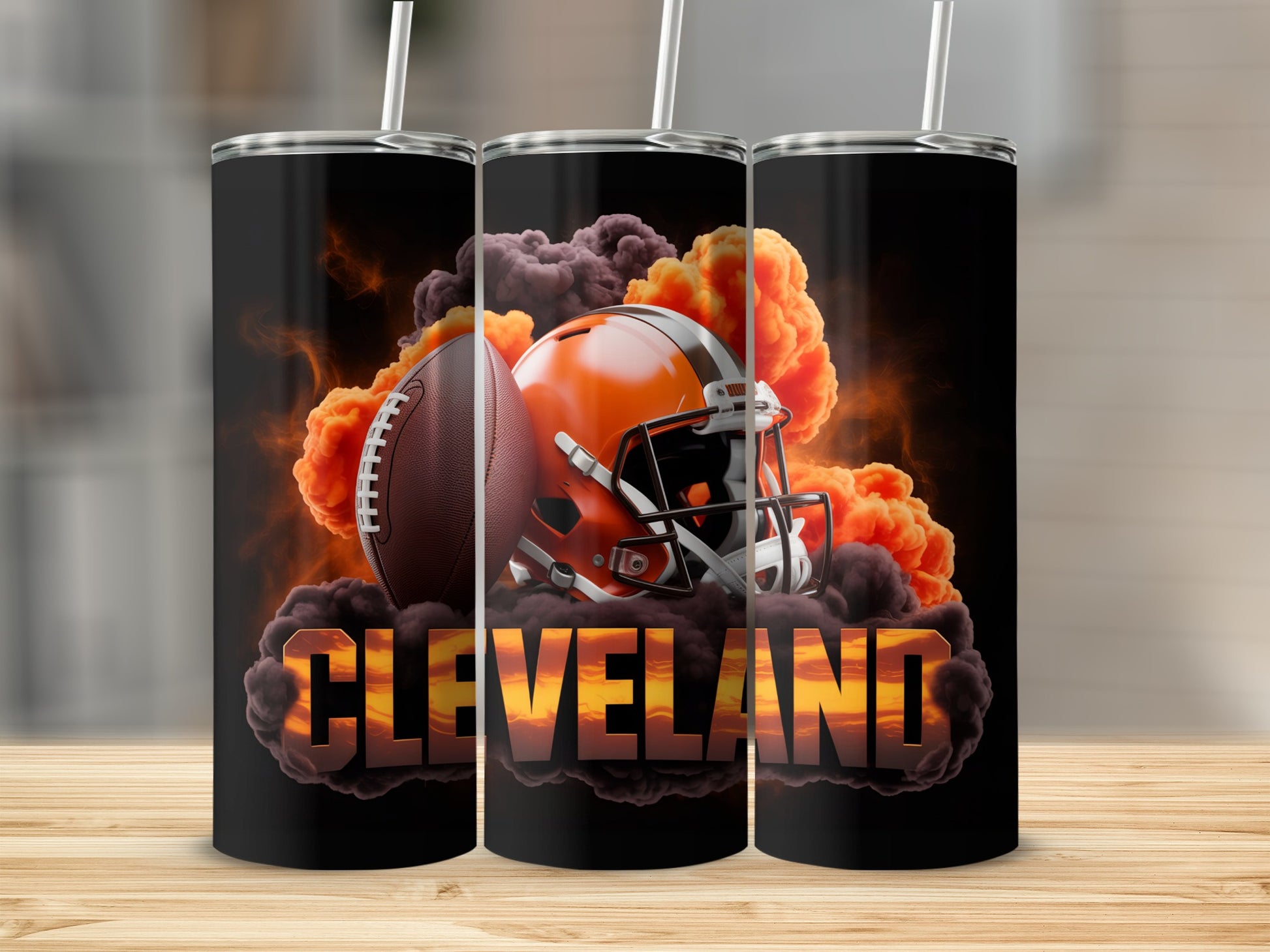 Cleveland Browns football helmet and ball with smoky orange background.