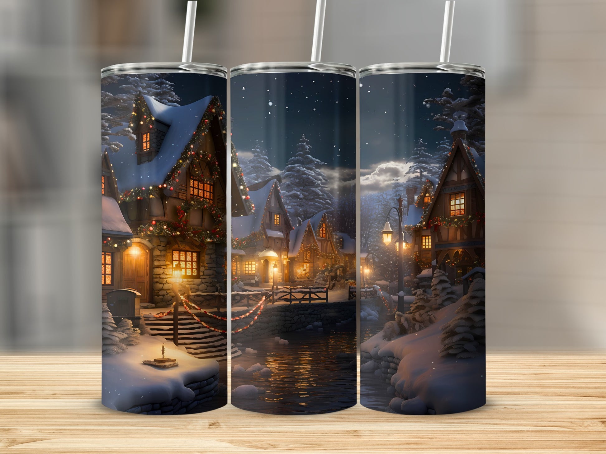 Cozy Winter Village Scene with Snow Tumbler