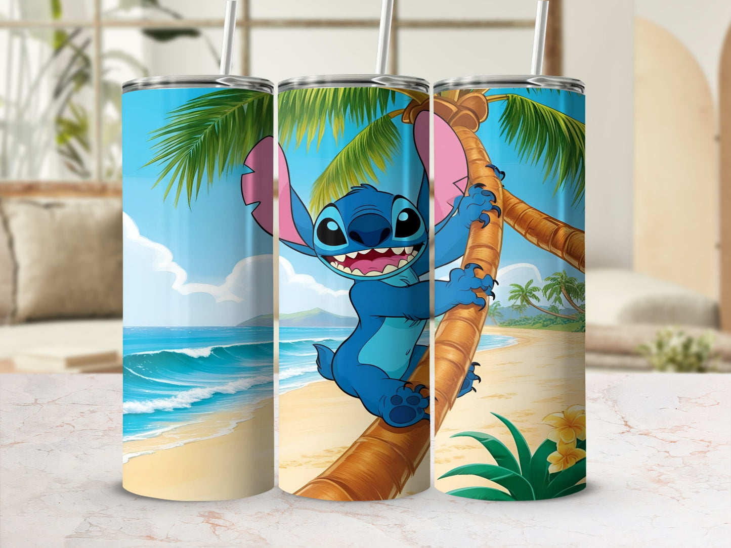 Stitch climbing a palm tree on a beach with ocean waves.