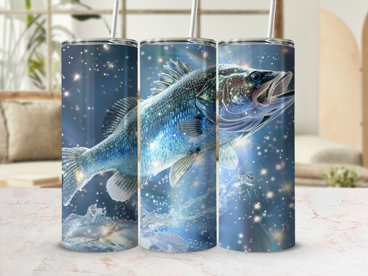 Fishtail pattern on a tumbler with a fish jumping from water.