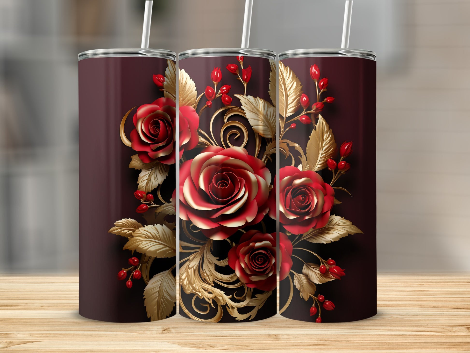 Tall tumbler with red roses, gold leaves, and ornate scrollwork on a dark background.