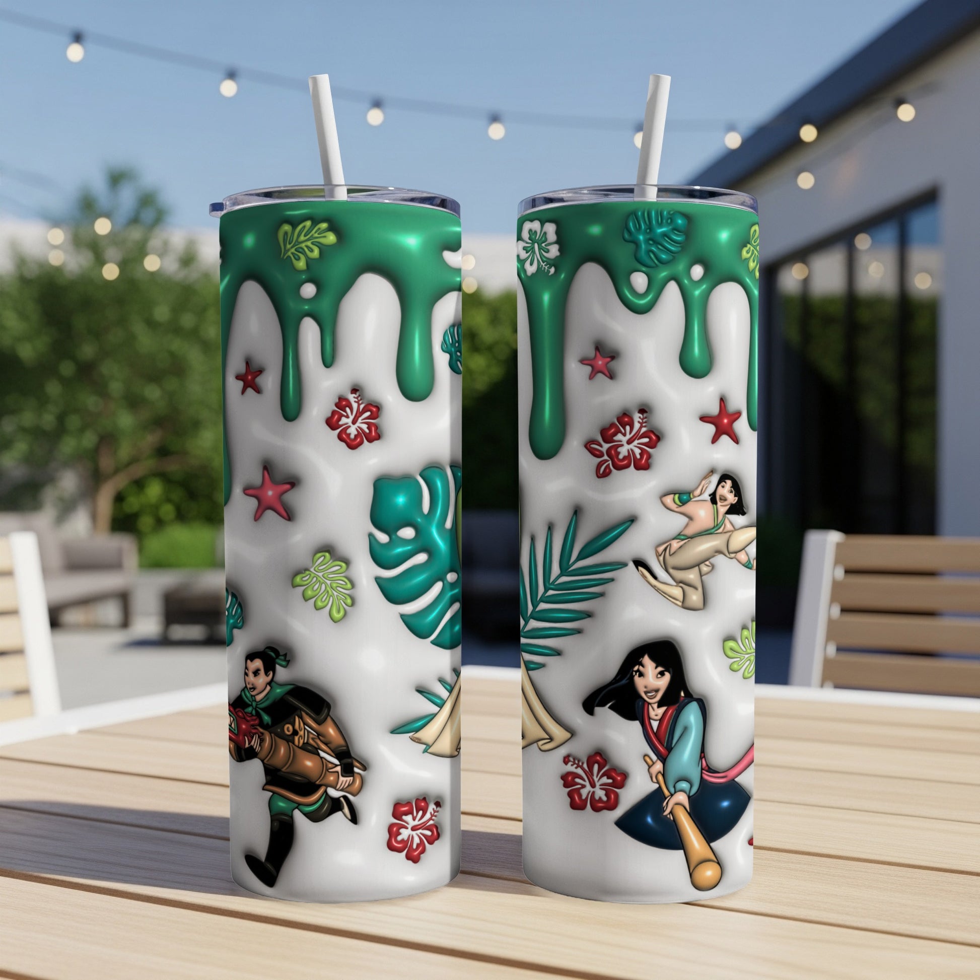 Mulan characters and floral motifs on a white insulated tumbler.