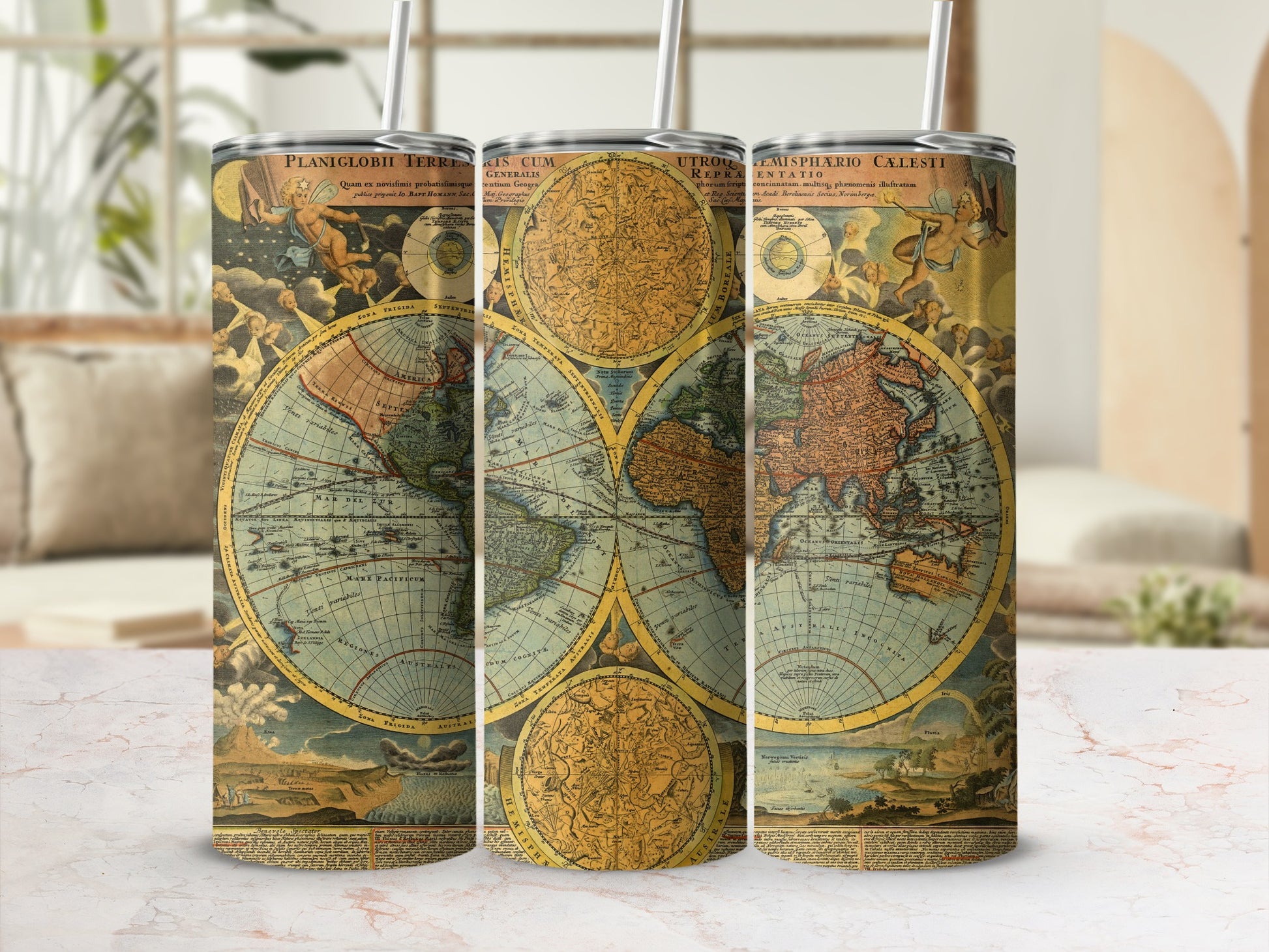 Three tumblers feature a vintage double-hemisphere world map and celestial chart design.