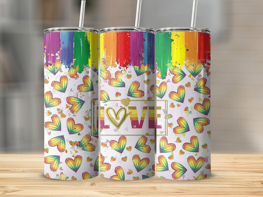 Rainbow hearts and "LOVE" text on three tumblers with rainbow paint splatters.