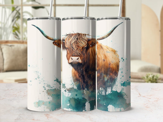Highland cow portrait on white tumbler with teal watercolor splashes.