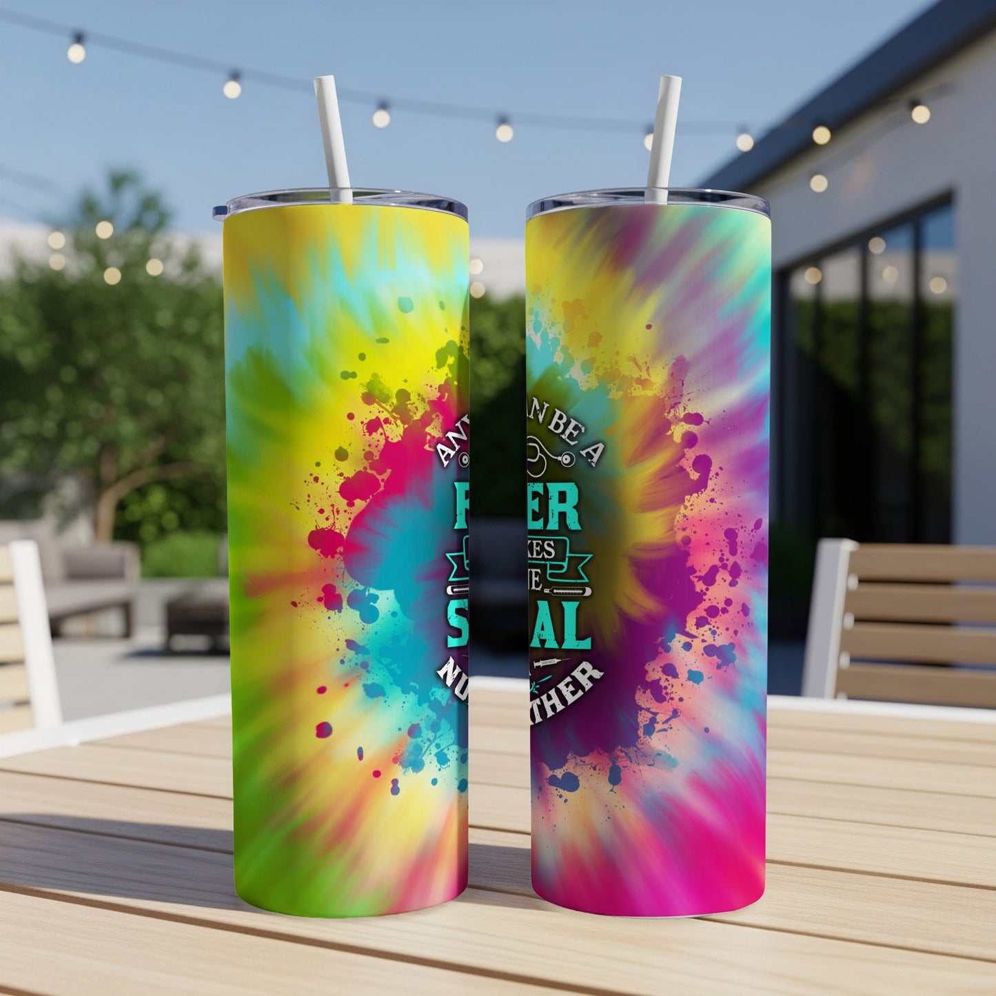 Tie-dye tumbler with text "AND IT CAN BE A NURSE MAKES HER SO SPECIAL NURSING IS MY THERAPY".