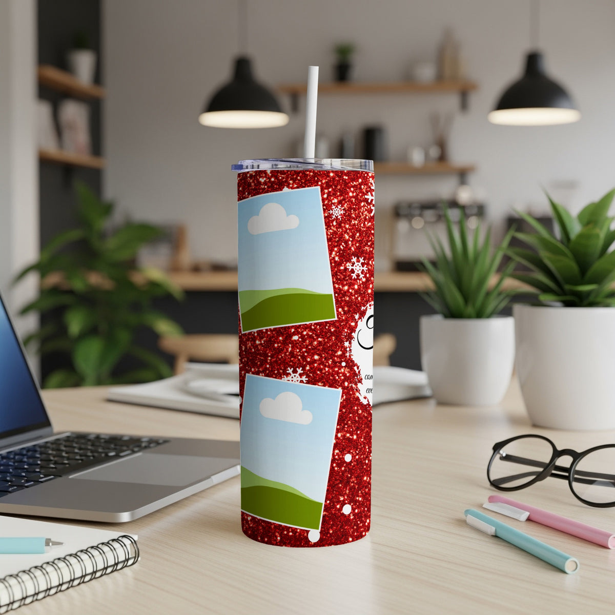 Red glitter tumbler with two photo frames and snowman graphic.