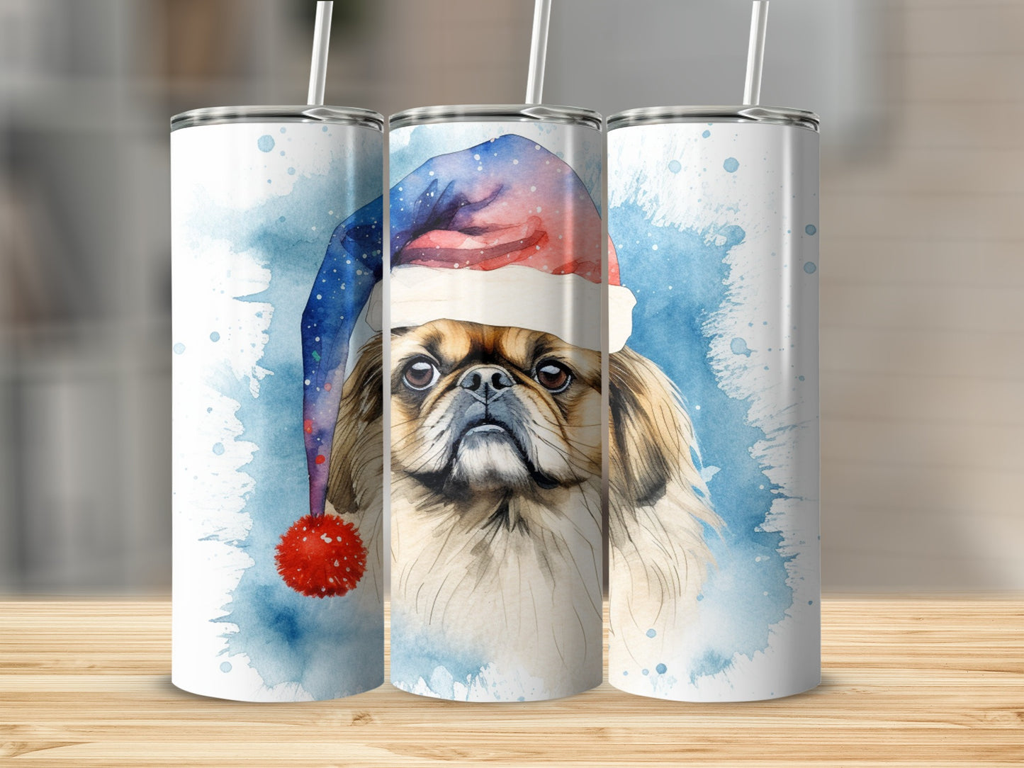 Pekingese dog in Santa hat, watercolor painting on three tumblers.