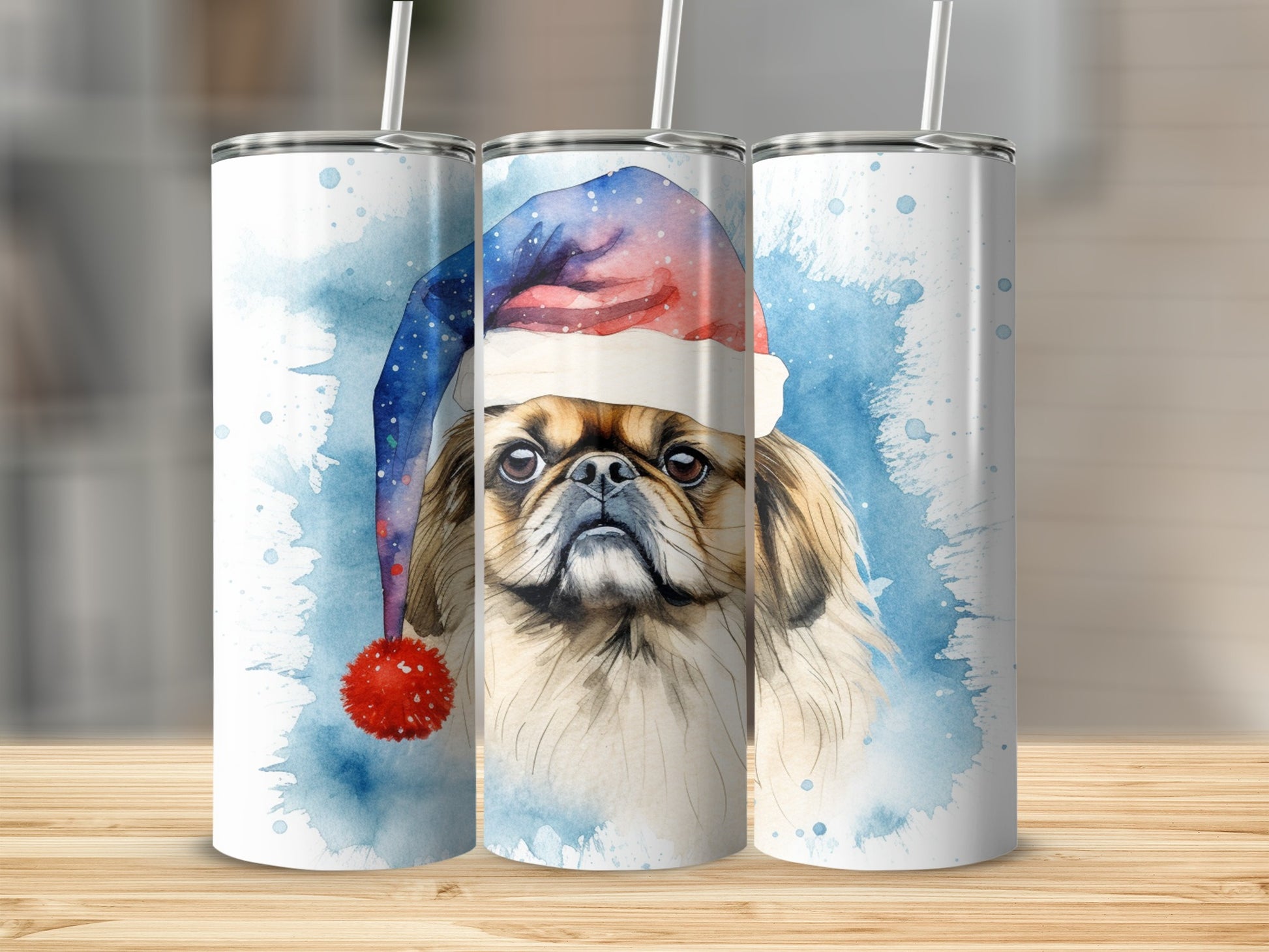 Pekingese dog in Santa hat, watercolor painting on three tumblers.