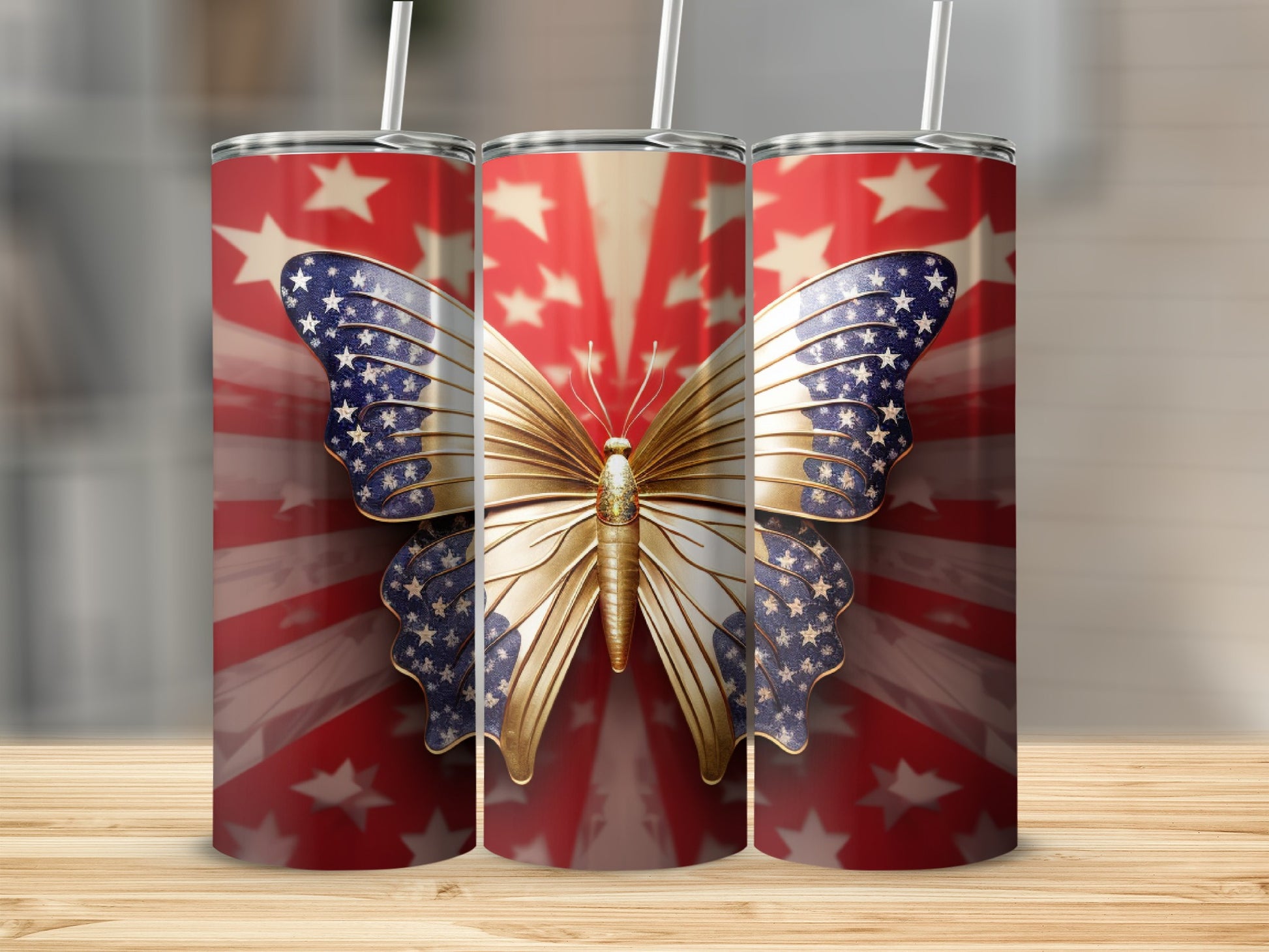 Gold butterfly with American flag wings on a starburst background.