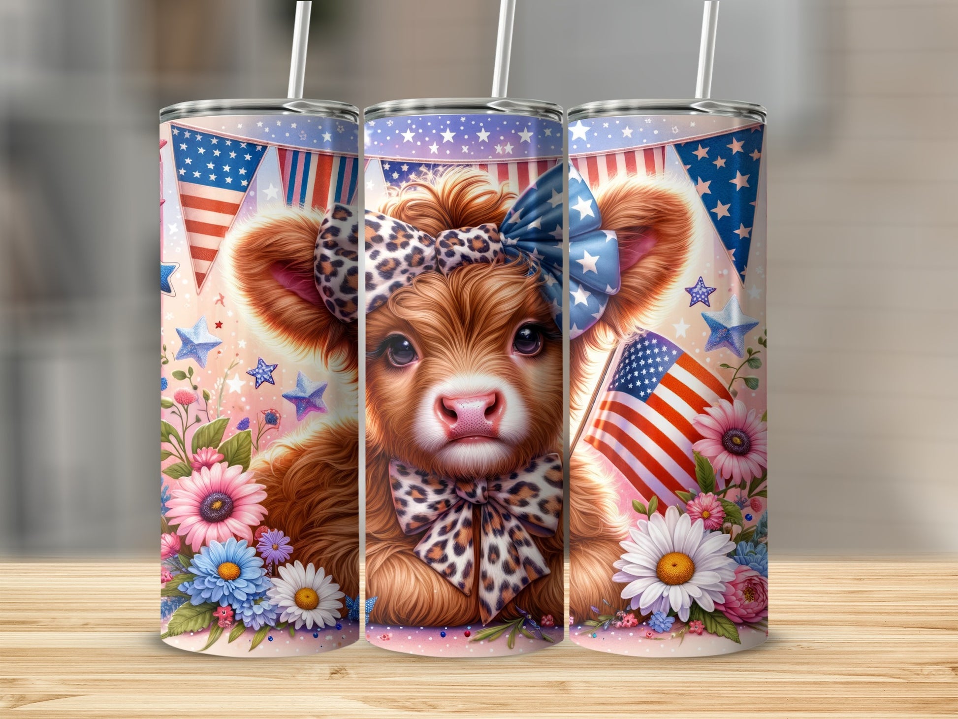 Three patriotic tumblers featuring a baby cow with a bow.
