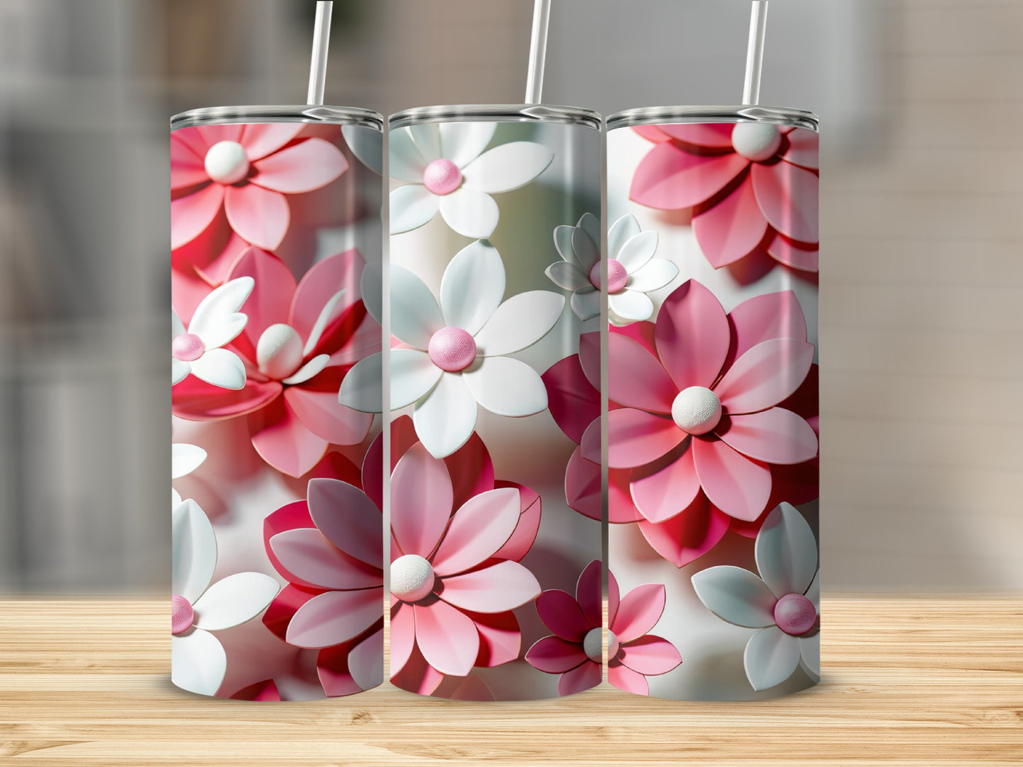 Pink and White Floral Pattern Insulated Tumbler