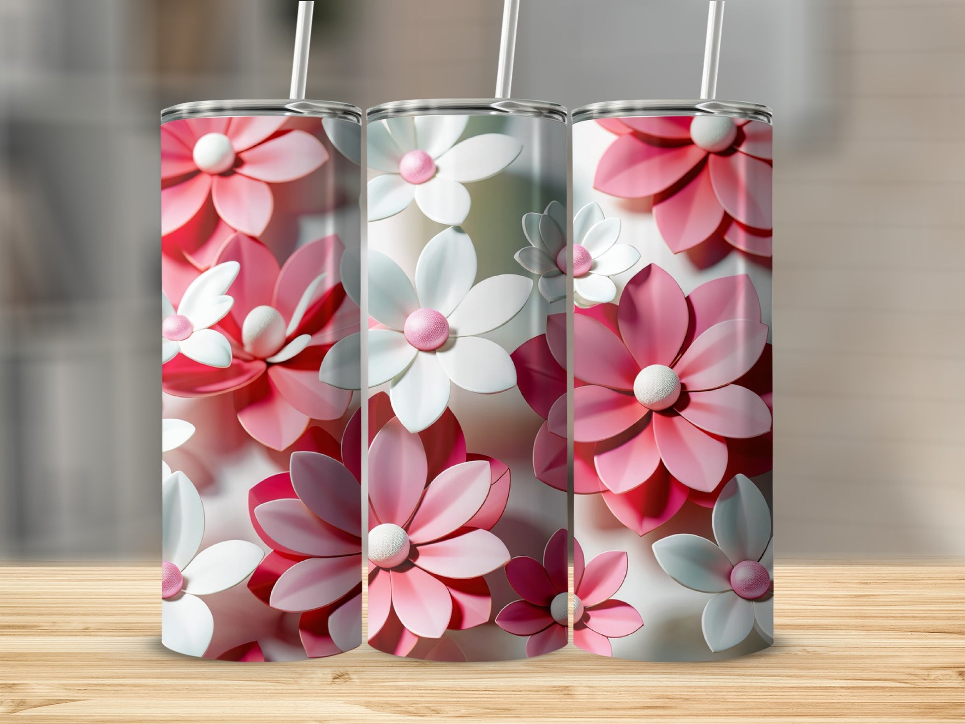 Pink and White Floral Pattern Insulated Tumbler