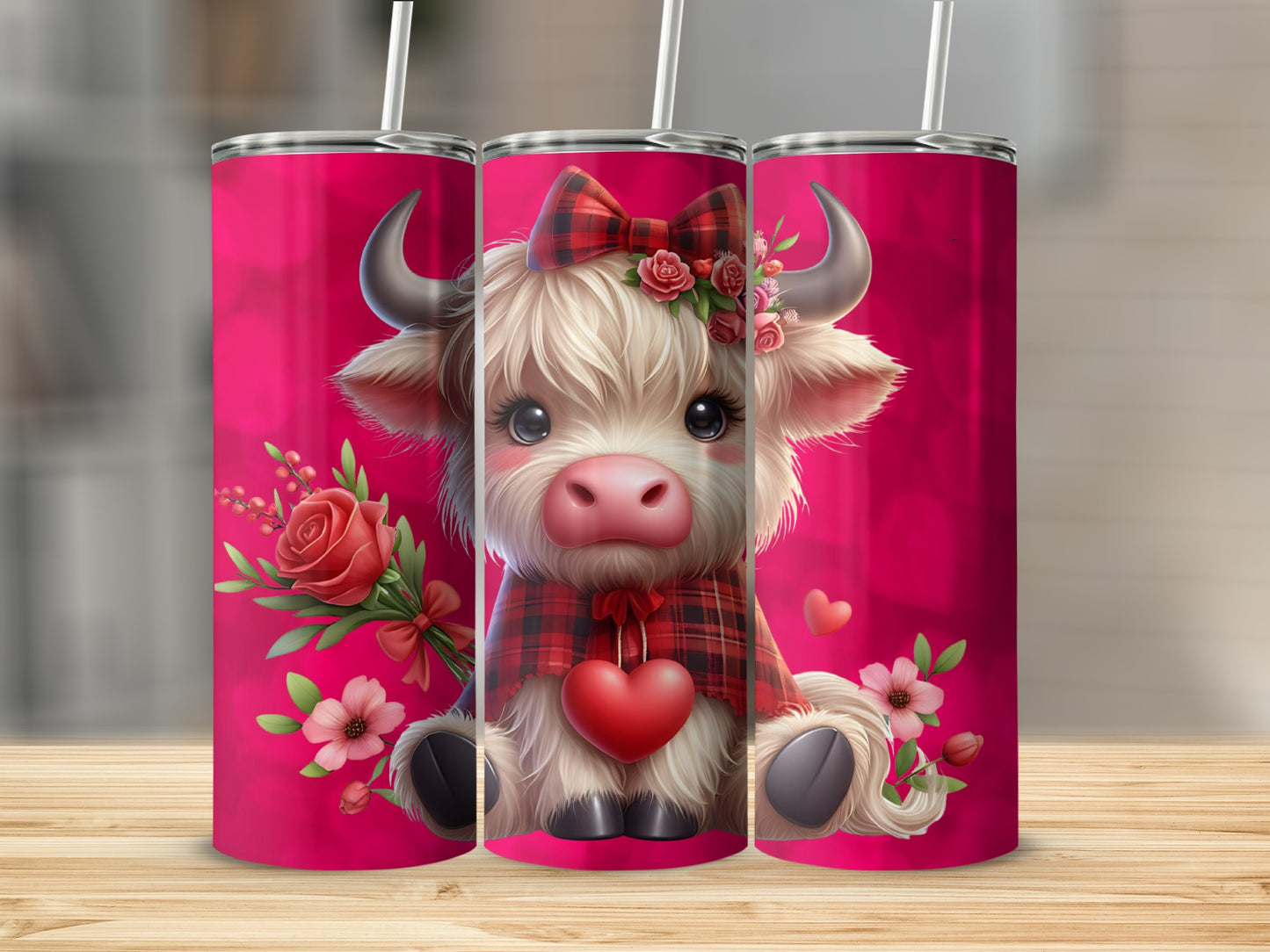 Adorable Highland Cow with Floral Plaid Tumbler