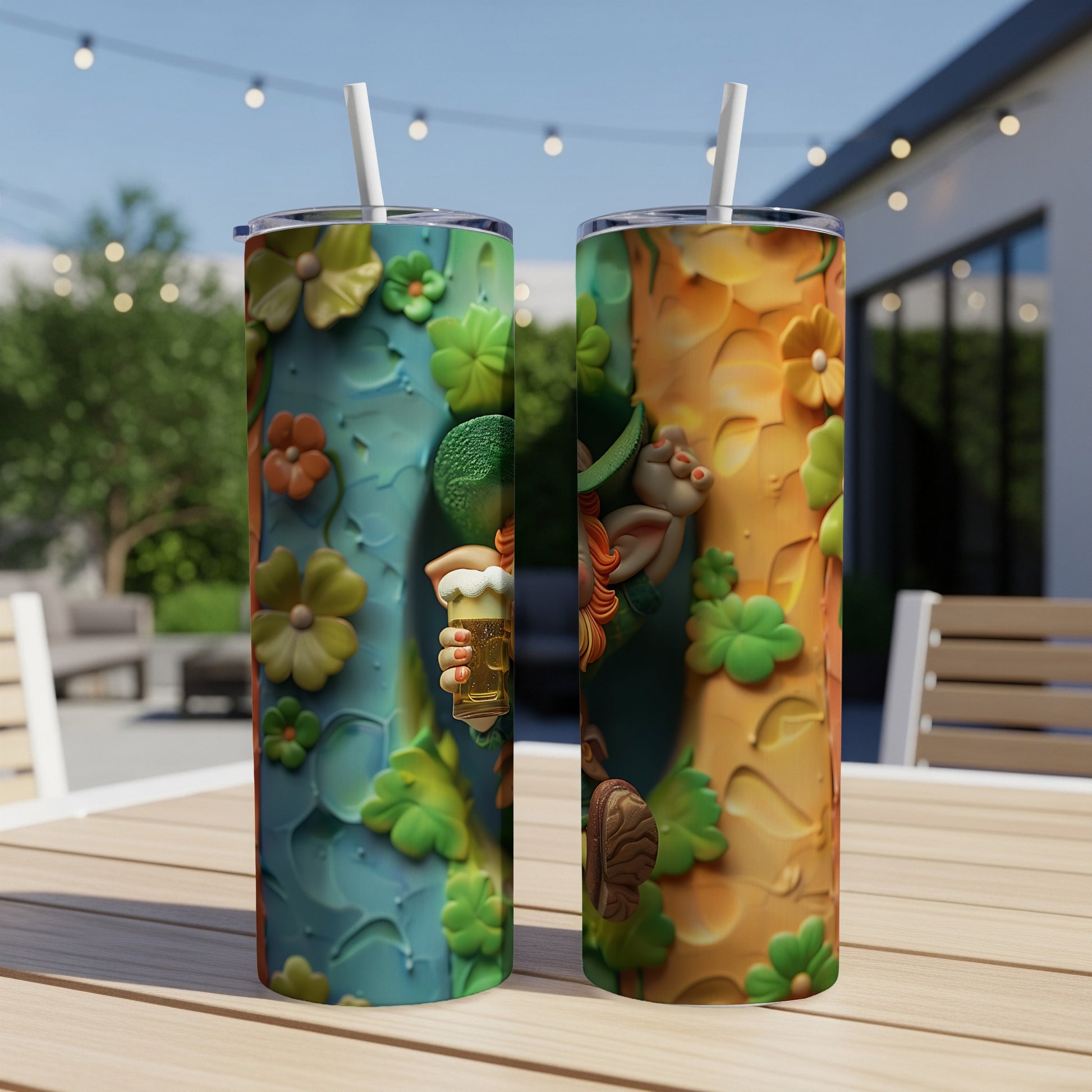 Leprechaun holding a beer on a festive St. Patrick's Day tumbler.