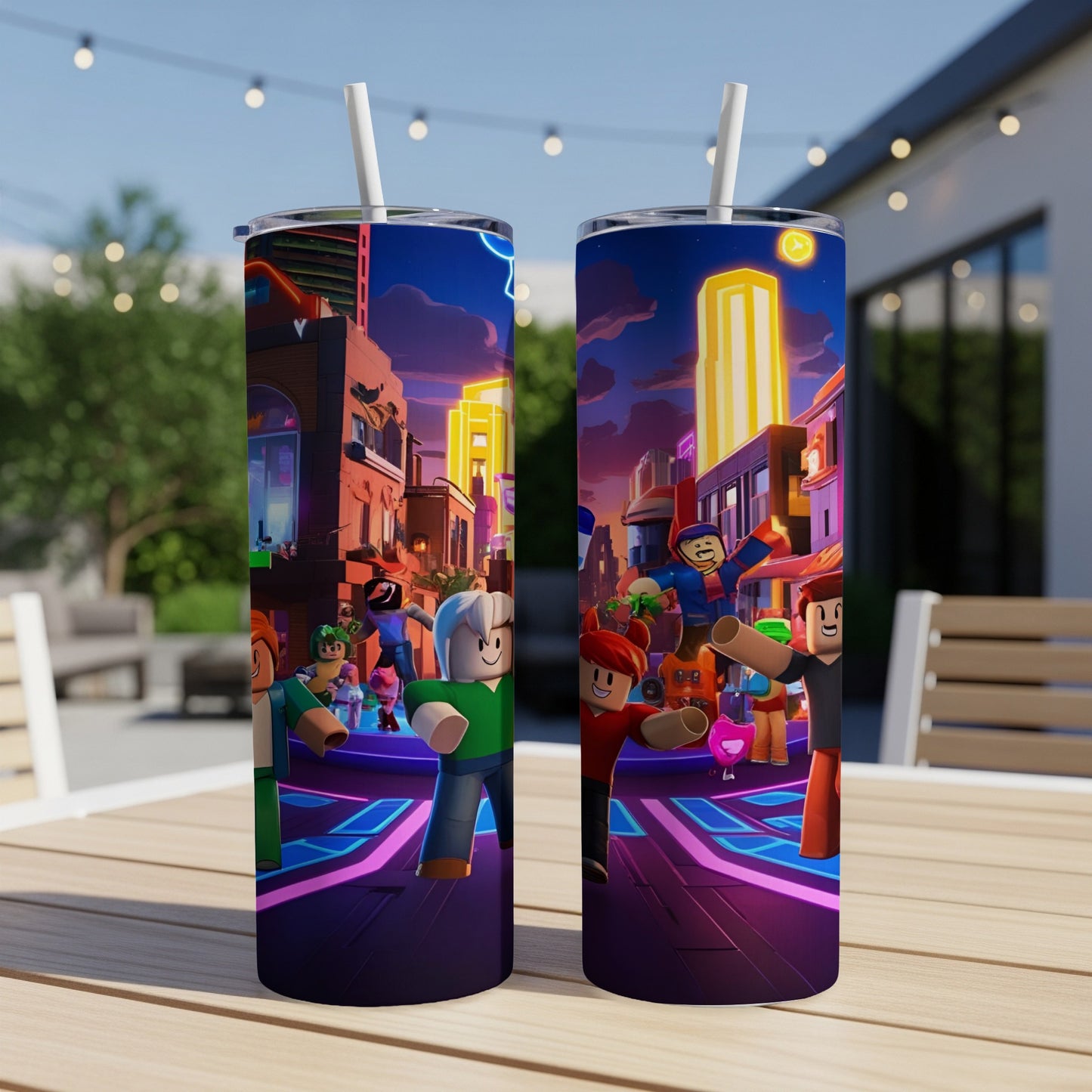 Roblox characters on a city street with neon lights.