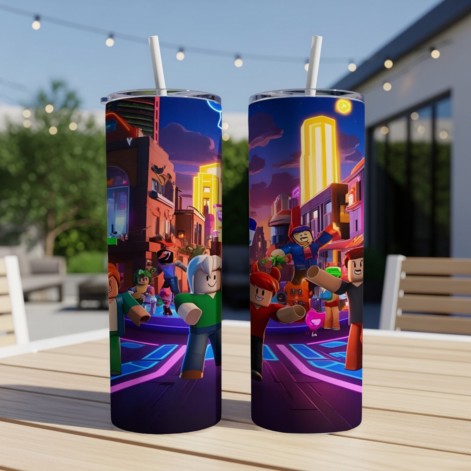Roblox characters on a city street with neon lights.