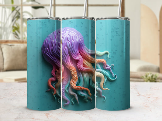 Three tumblers featuring a colorful, detailed octopus design against a teal background.