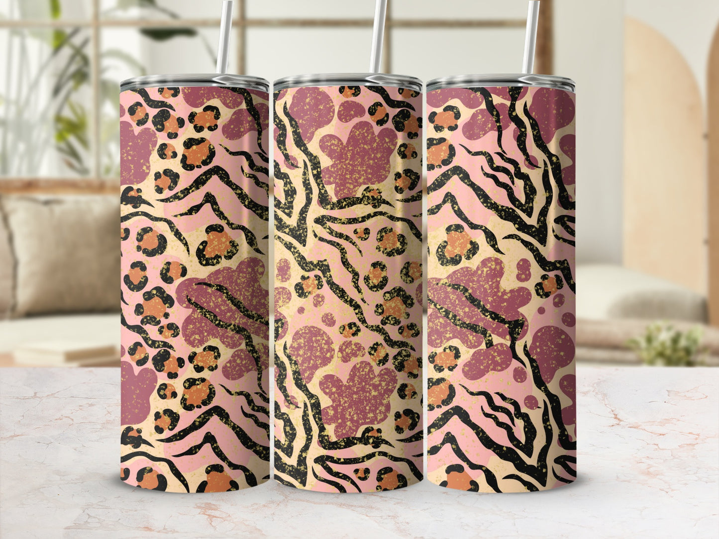 Leopard Print Tumbler with Pink and Black Design