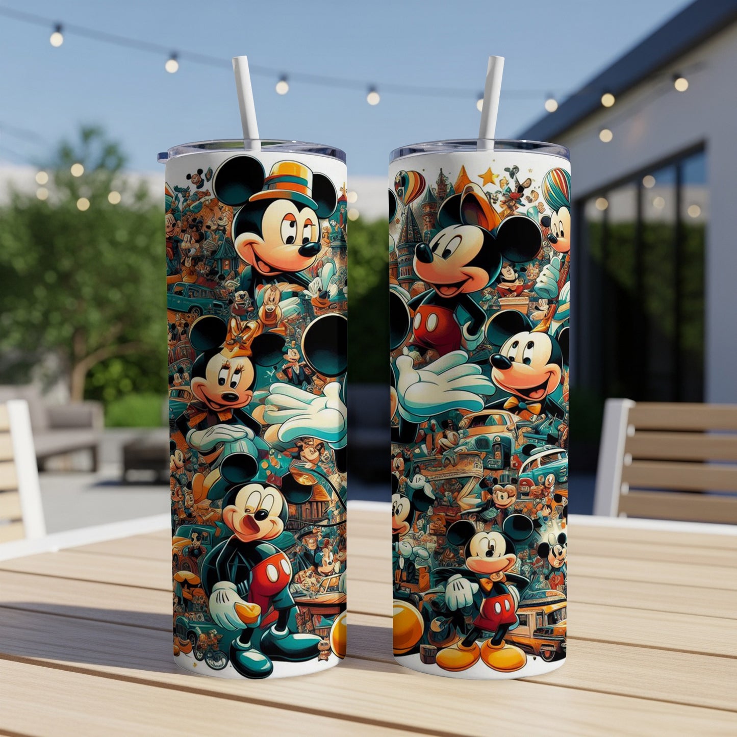 Two tumblers with repeated Mickey Mouse cartoon collage pattern.