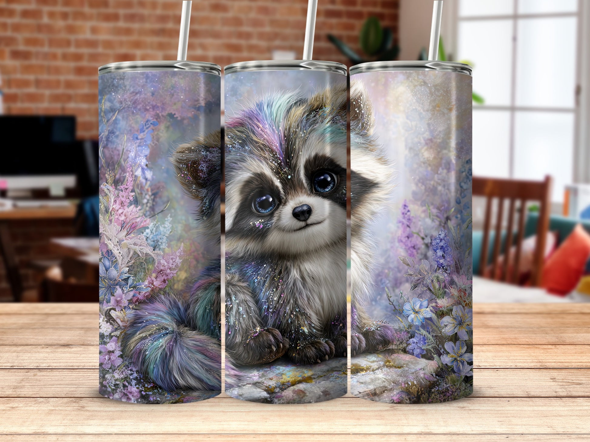 Cute Raccoon Art on Multi-Colored Floral Tumbler
