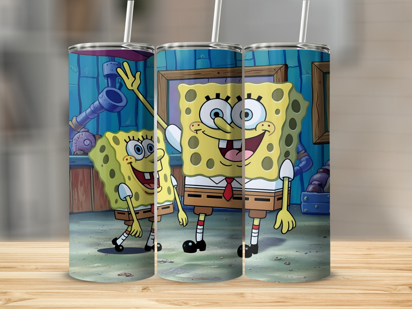 SpongeBob SquarePants character smiling and waving, on a cylindrical tumbler.