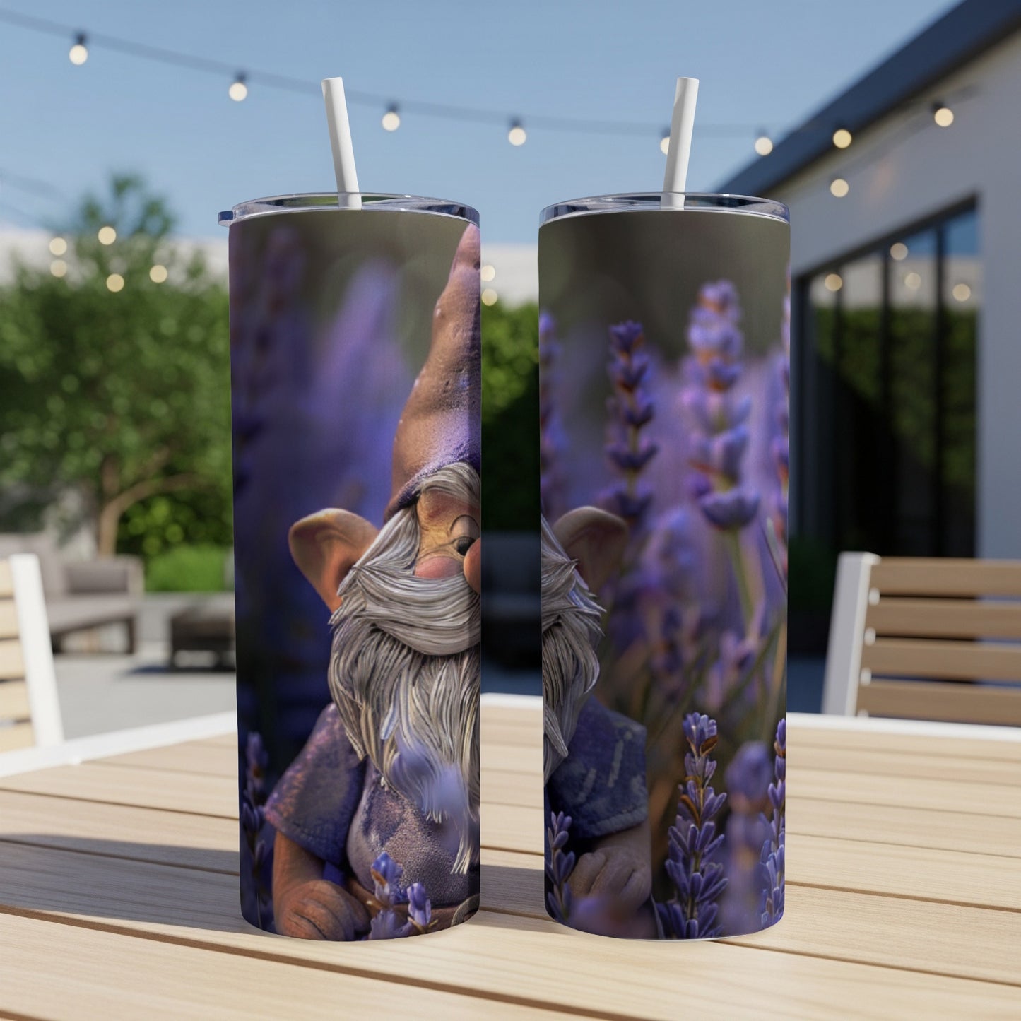 Garden gnome figurine with lavender flowers on a tumbler.
