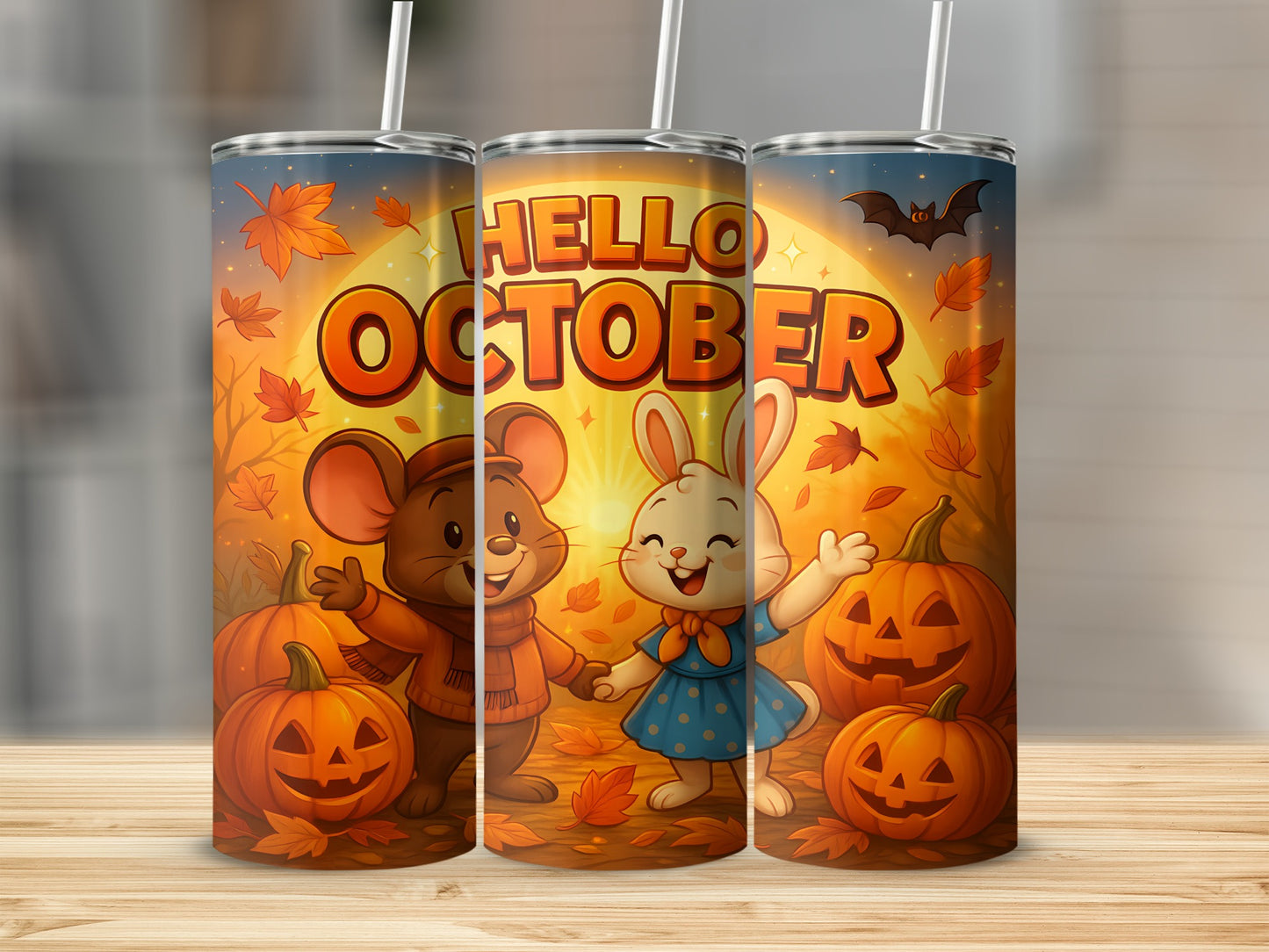 Three tumblers with cartoon mouse and bunny, "Hello October" text, pumpkins, and autumn leaves.