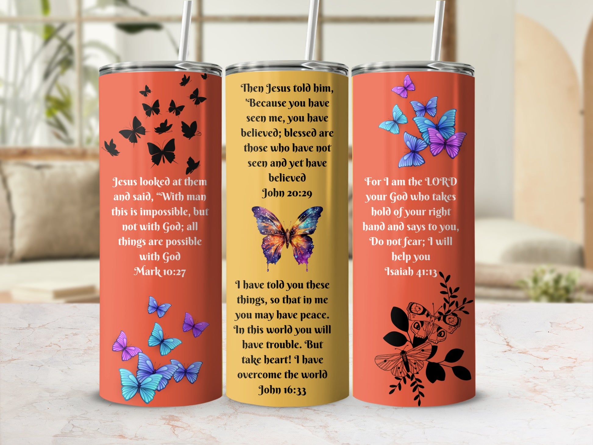 Inspirational Bible Verse and Butterfly Tumbler Set
