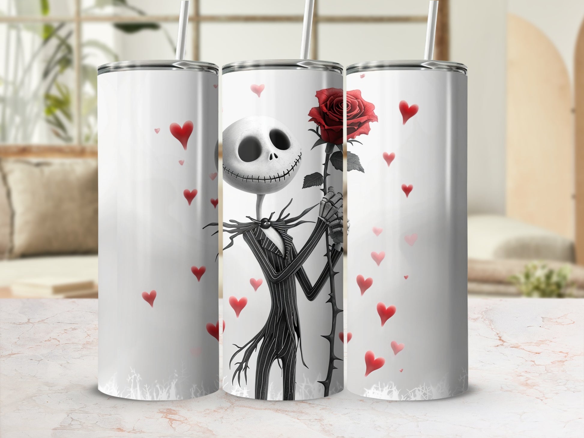 Skeleton Character Holding Rose Design Tumbler