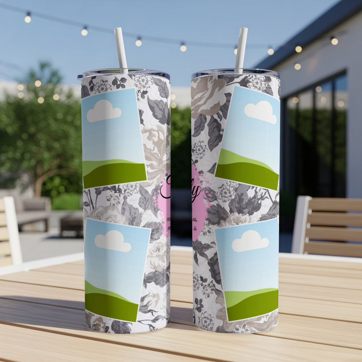 Two tumblers with floral patterns, clouds, and landscape scenes, one with "Emily" text.